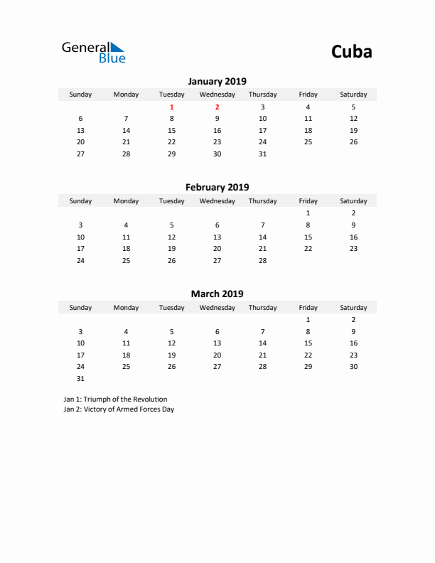 Printable Quarterly Calendar with Notes and Cuba Holidays- Q1 of 2019