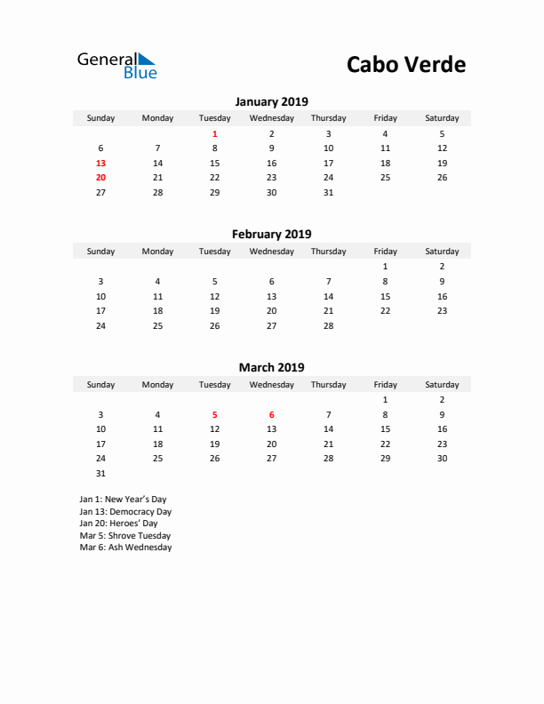 Printable Quarterly Calendar with Notes and Cabo Verde Holidays- Q1 of 2019