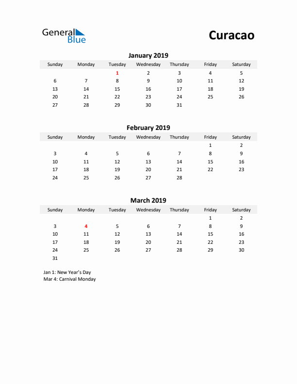 Printable Quarterly Calendar with Notes and Curacao Holidays- Q1 of 2019