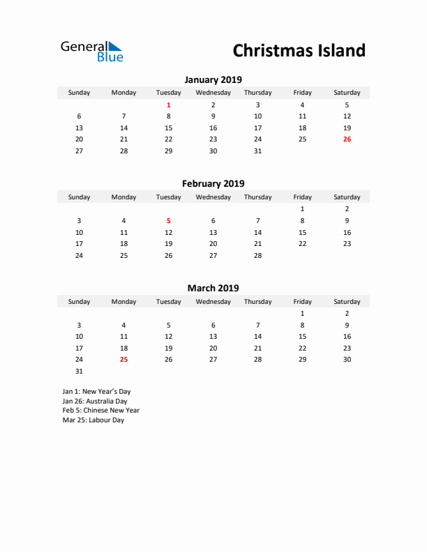 Printable Quarterly Calendar with Notes and Christmas Island Holidays- Q1 of 2019