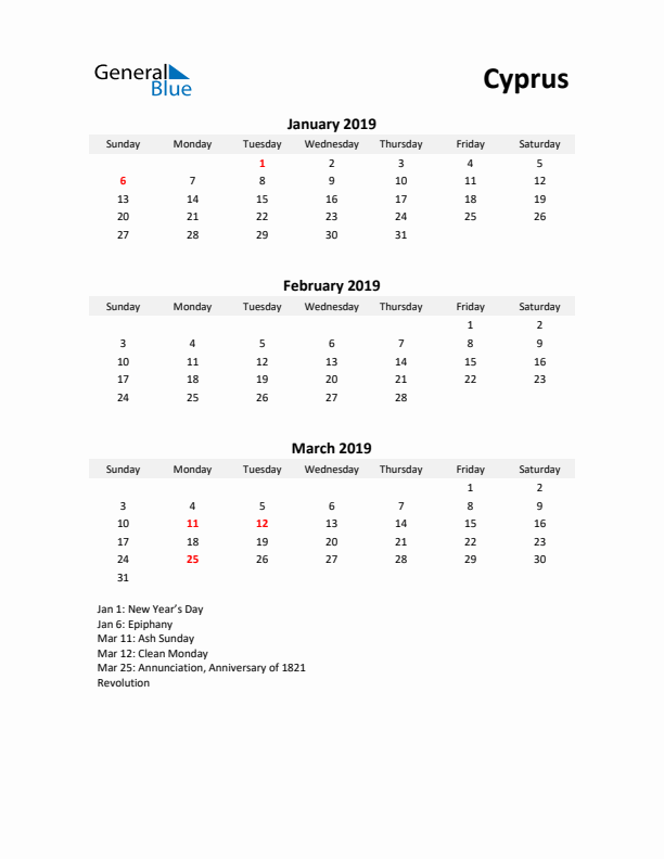 Printable Quarterly Calendar with Notes and Cyprus Holidays- Q1 of 2019