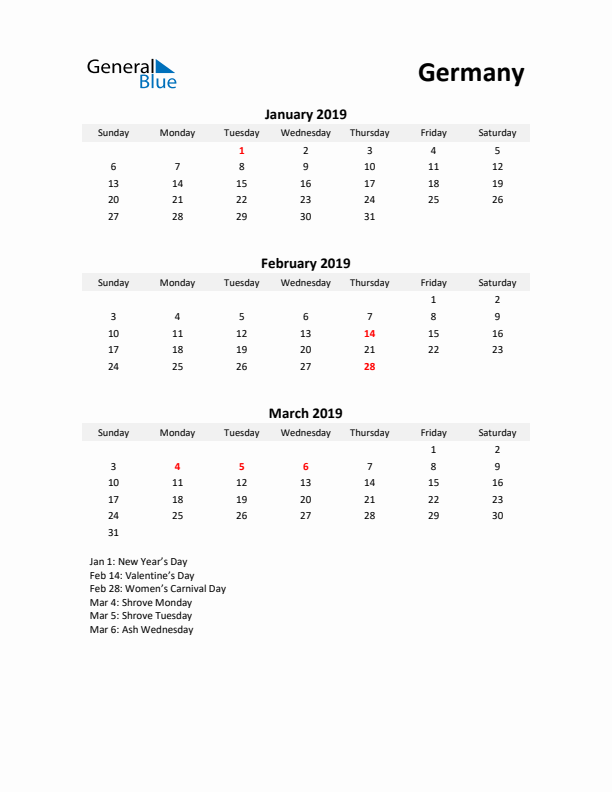 Printable Quarterly Calendar with Notes and Germany Holidays- Q1 of 2019