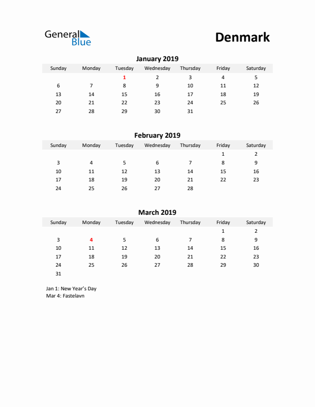 Printable Quarterly Calendar with Notes and Denmark Holidays- Q1 of 2019