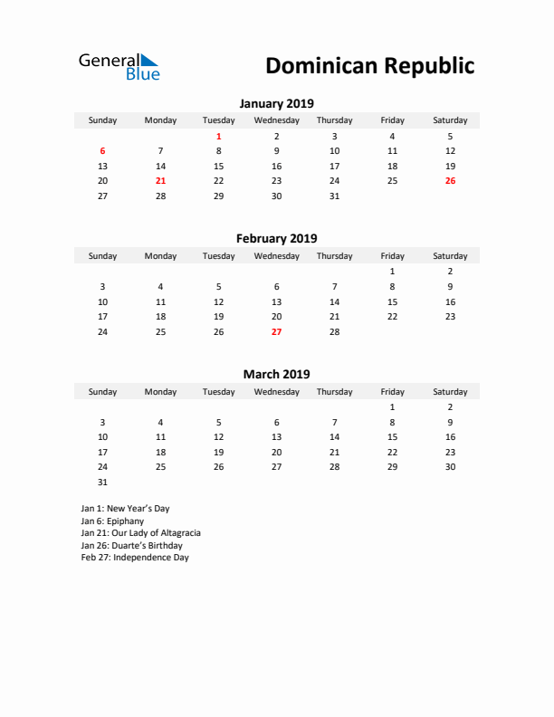 Printable Quarterly Calendar with Notes and Dominican Republic Holidays- Q1 of 2019