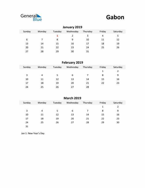 Printable Quarterly Calendar with Notes and Gabon Holidays- Q1 of 2019