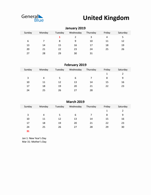 Printable Quarterly Calendar with Notes and United Kingdom Holidays- Q1 of 2019