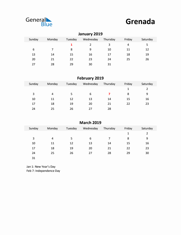 Printable Quarterly Calendar with Notes and Grenada Holidays- Q1 of 2019