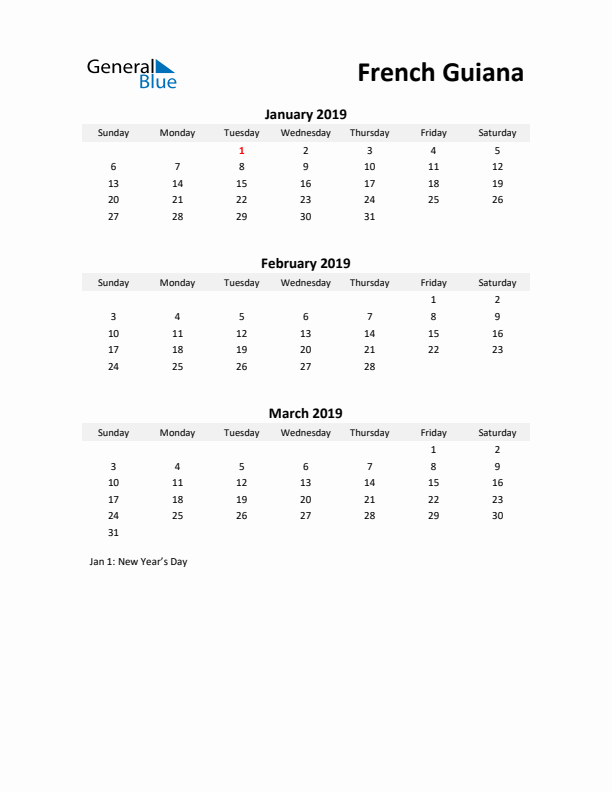 Printable Quarterly Calendar with Notes and French Guiana Holidays- Q1 of 2019