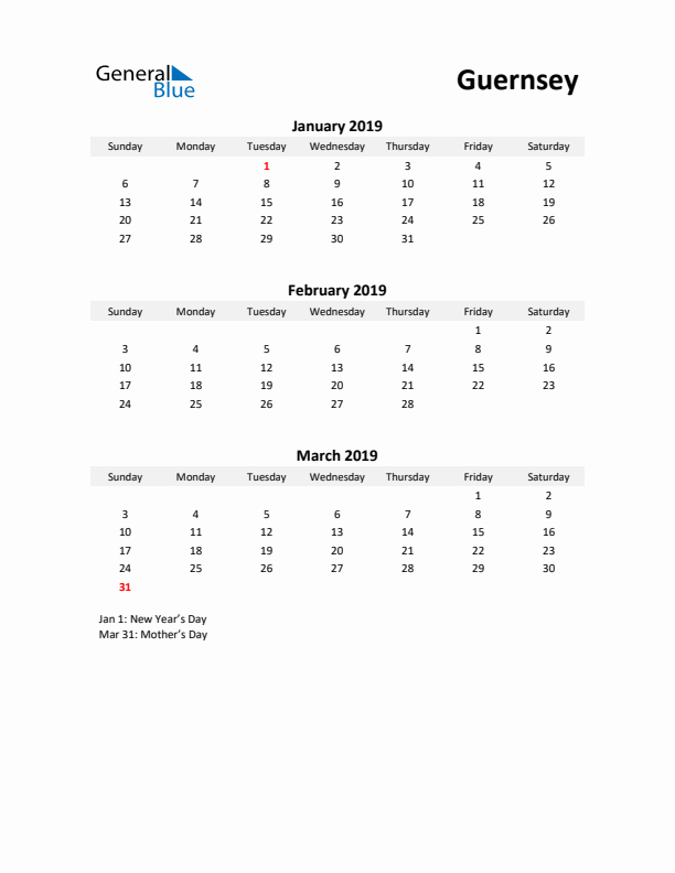 Printable Quarterly Calendar with Notes and Guernsey Holidays- Q1 of 2019