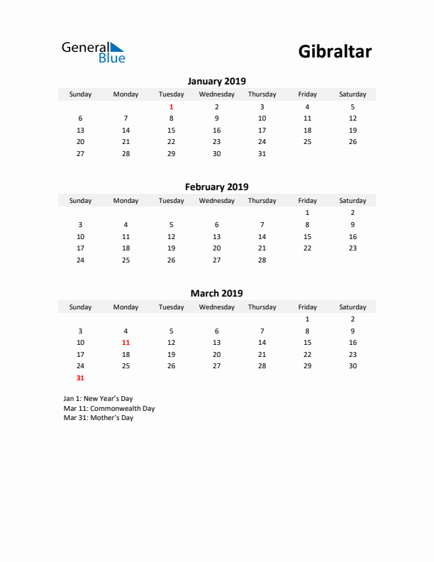 Printable Quarterly Calendar with Notes and Gibraltar Holidays- Q1 of 2019