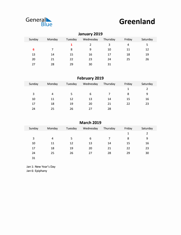 Printable Quarterly Calendar with Notes and Greenland Holidays- Q1 of 2019