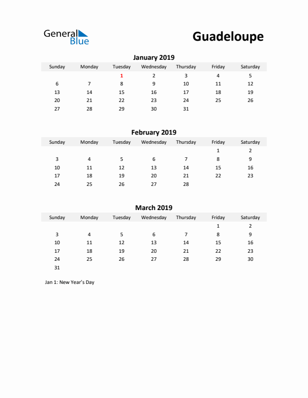 Printable Quarterly Calendar with Notes and Guadeloupe Holidays- Q1 of 2019