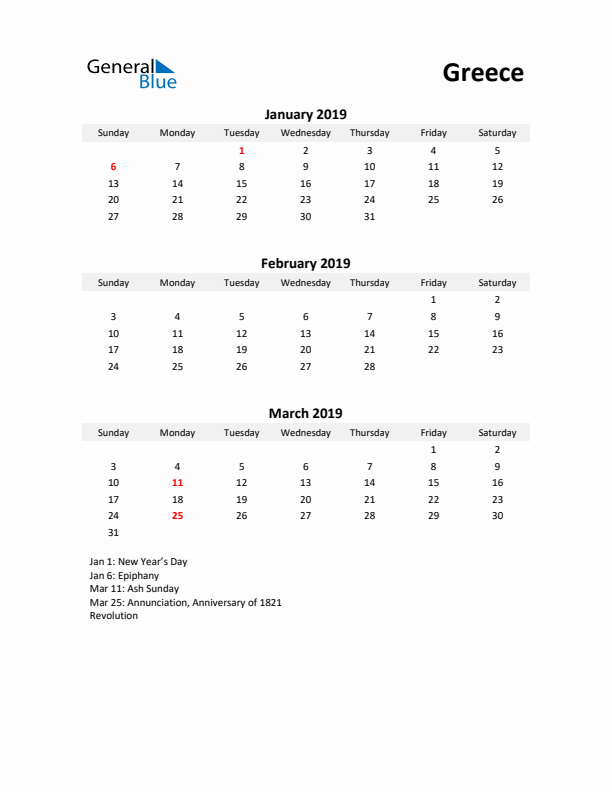 Printable Quarterly Calendar with Notes and Greece Holidays- Q1 of 2019