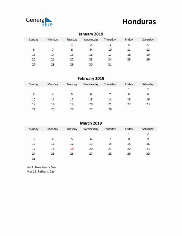 Printable Quarterly Calendar with Notes and Honduras Holidays- Q1 of 2019