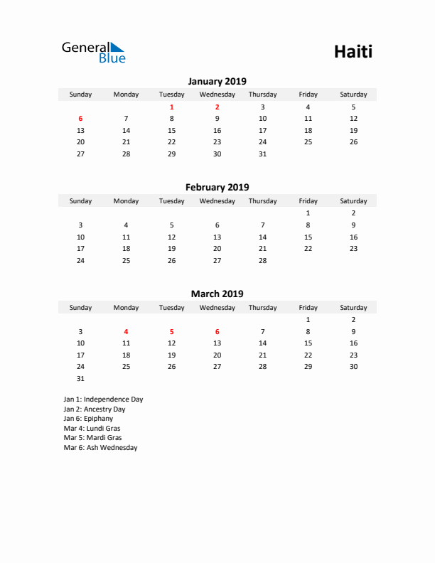 Printable Quarterly Calendar with Notes and Haiti Holidays- Q1 of 2019