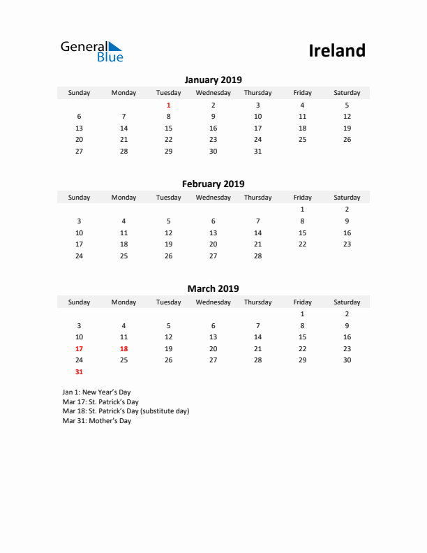 Printable Quarterly Calendar with Notes and Ireland Holidays- Q1 of 2019