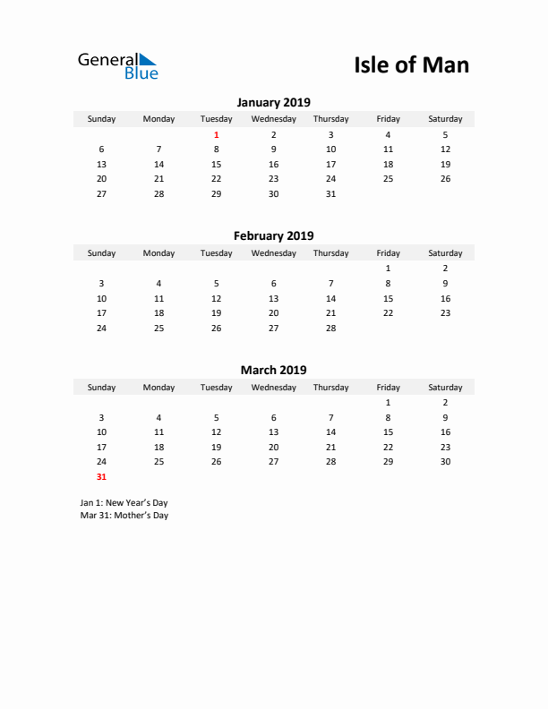 Printable Quarterly Calendar with Notes and Isle of Man Holidays- Q1 of 2019