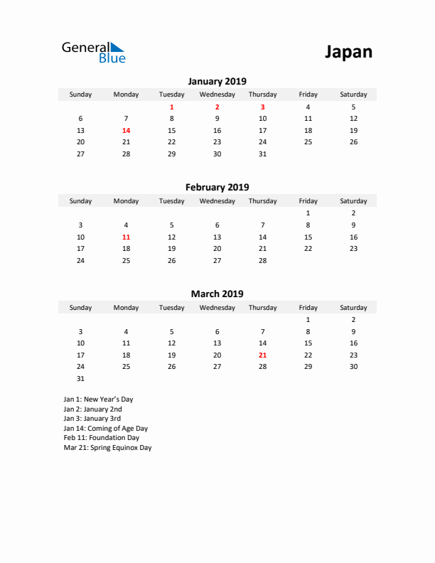 Printable Quarterly Calendar with Notes and Japan Holidays- Q1 of 2019