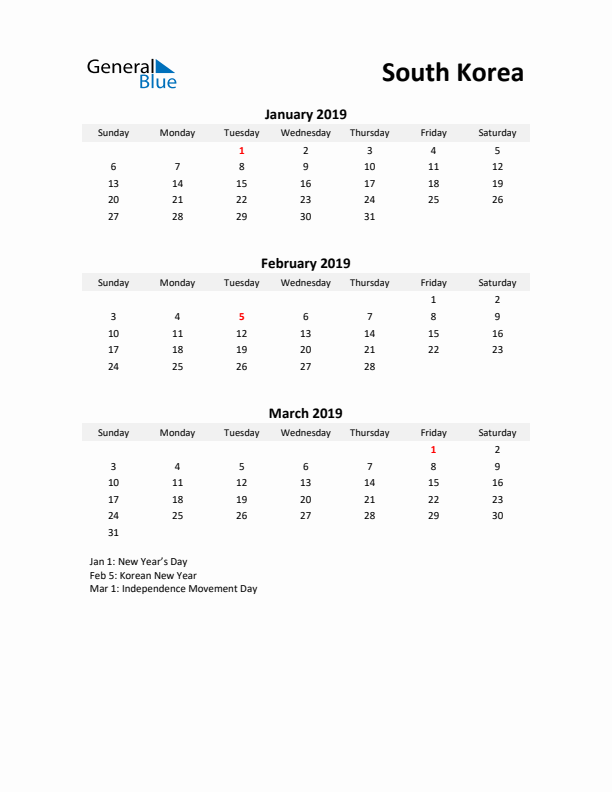 Printable Quarterly Calendar with Notes and South Korea Holidays- Q1 of 2019