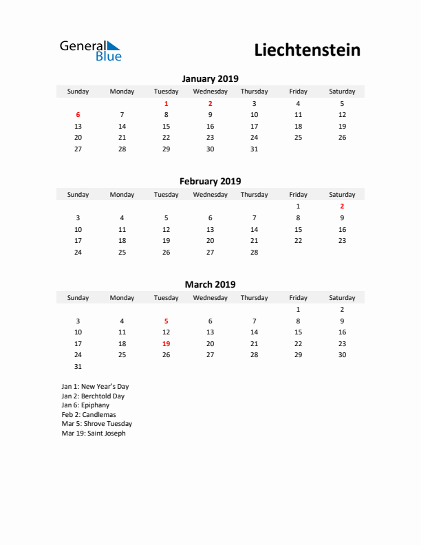 Printable Quarterly Calendar with Notes and Liechtenstein Holidays- Q1 of 2019