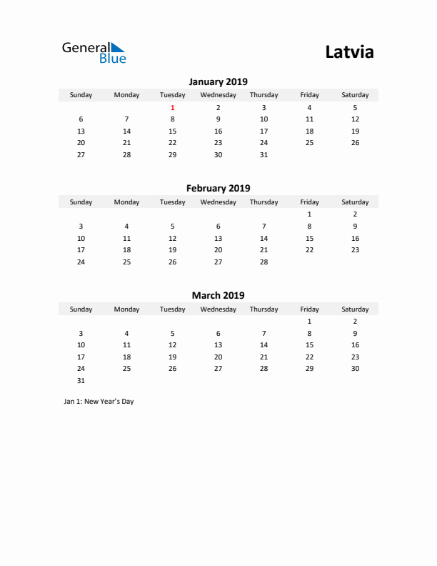 Printable Quarterly Calendar with Notes and Latvia Holidays- Q1 of 2019