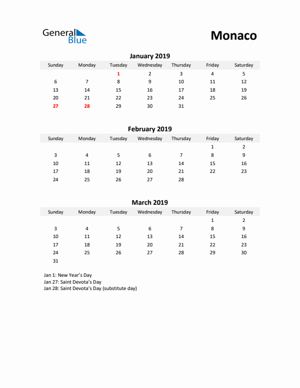 Printable Quarterly Calendar with Notes and Monaco Holidays- Q1 of 2019