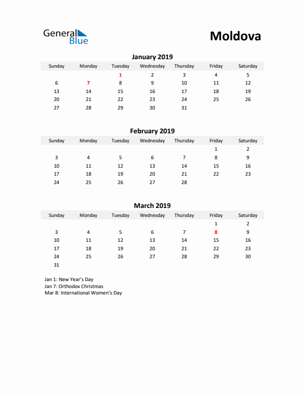 Printable Quarterly Calendar with Notes and Moldova Holidays- Q1 of 2019