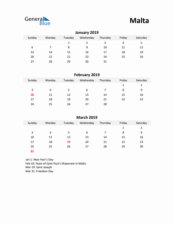 Printable Quarterly Calendar with Notes and Malta Holidays- Q1 of 2019