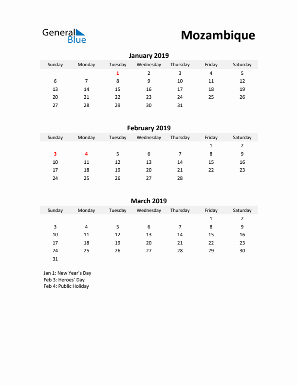 Printable Quarterly Calendar with Notes and Mozambique Holidays- Q1 of 2019