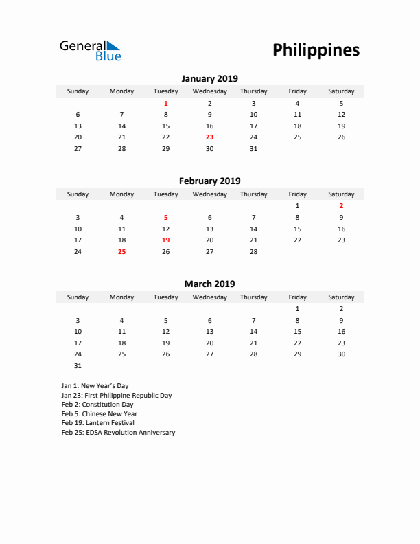 Printable Quarterly Calendar with Notes and Philippines Holidays- Q1 of 2019