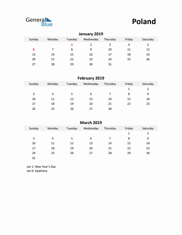 Printable Quarterly Calendar with Notes and Poland Holidays- Q1 of 2019