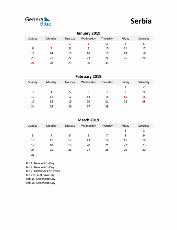 Printable Quarterly Calendar with Notes and Serbia Holidays- Q1 of 2019