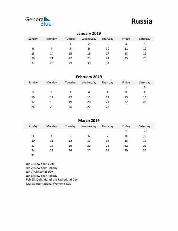 Printable Quarterly Calendar with Notes and Russia Holidays- Q1 of 2019