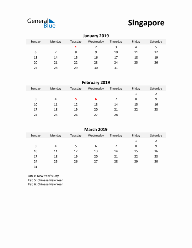 Printable Quarterly Calendar with Notes and Singapore Holidays- Q1 of 2019