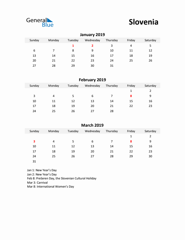 Printable Quarterly Calendar with Notes and Slovenia Holidays- Q1 of 2019