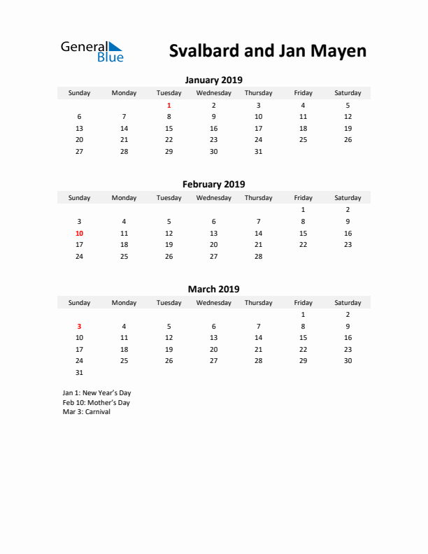 Printable Quarterly Calendar with Notes and Svalbard and Jan Mayen Holidays- Q1 of 2019