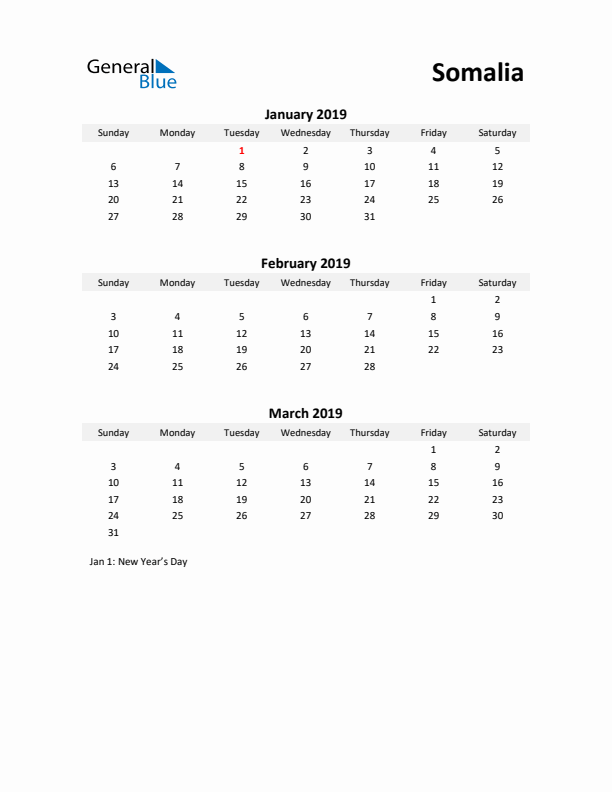 Printable Quarterly Calendar with Notes and Somalia Holidays- Q1 of 2019