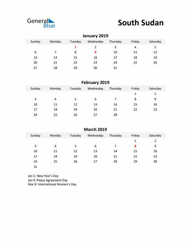 Printable Quarterly Calendar with Notes and South Sudan Holidays- Q1 of 2019