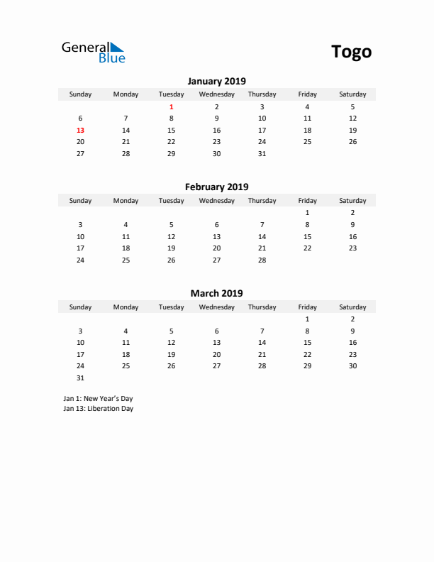 Printable Quarterly Calendar with Notes and Togo Holidays- Q1 of 2019