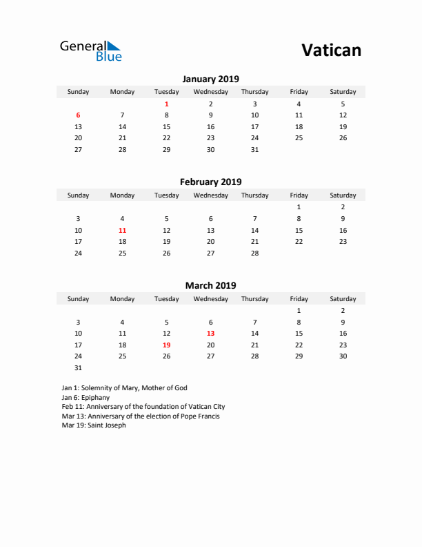 Printable Quarterly Calendar with Notes and Vatican Holidays- Q1 of 2019