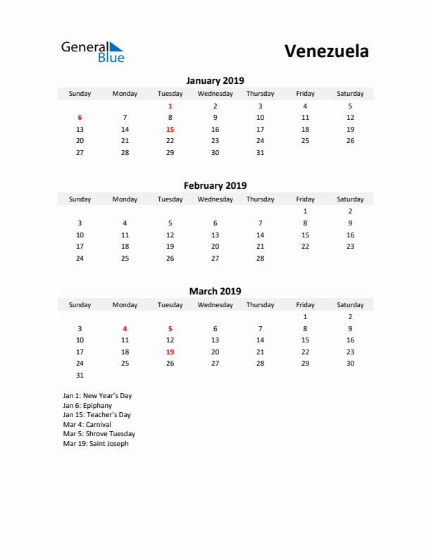 Printable Quarterly Calendar with Notes and Venezuela Holidays- Q1 of 2019