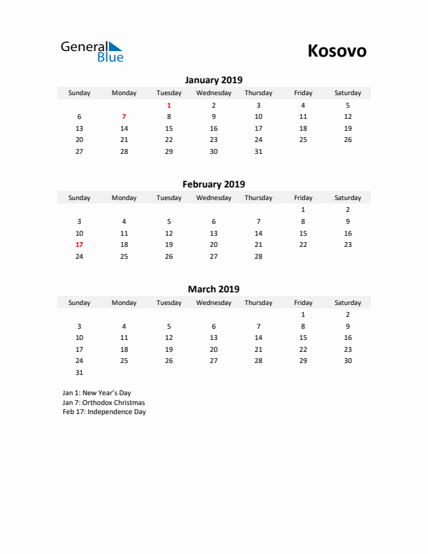 Printable Quarterly Calendar with Notes and Kosovo Holidays- Q1 of 2019