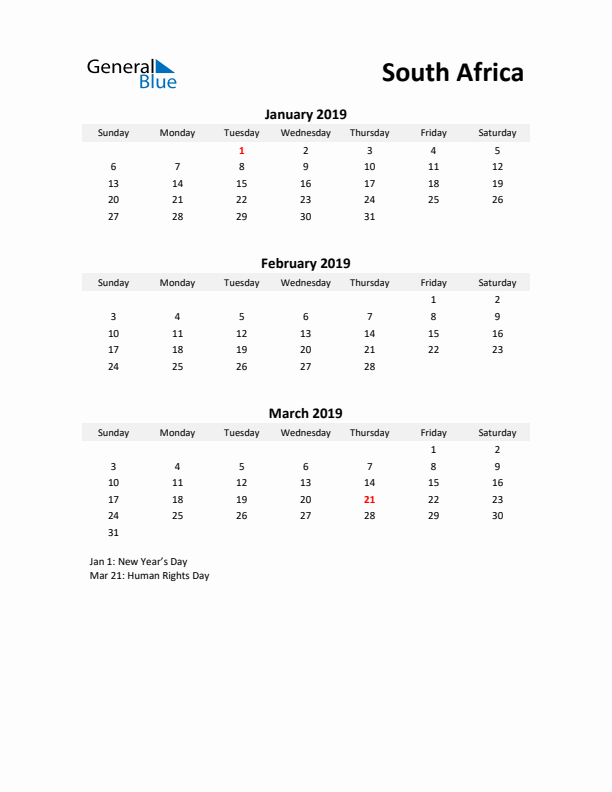 Printable Quarterly Calendar with Notes and South Africa Holidays- Q1 of 2019