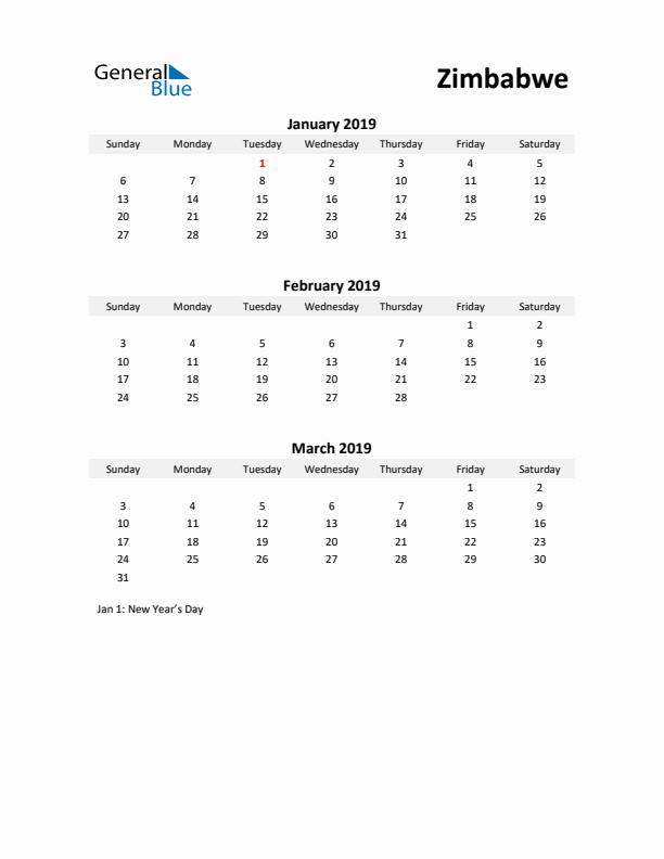 Printable Quarterly Calendar with Notes and Zimbabwe Holidays- Q1 of 2019