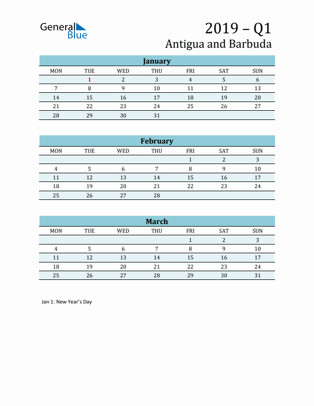 Three-Month Planner for Q1 2019 with Holidays - Antigua and Barbuda