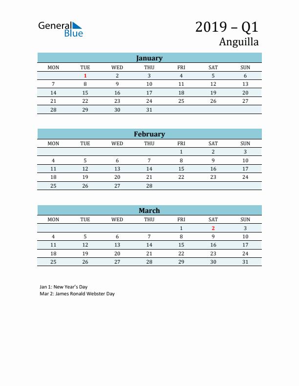 Three-Month Planner for Q1 2019 with Holidays - Anguilla