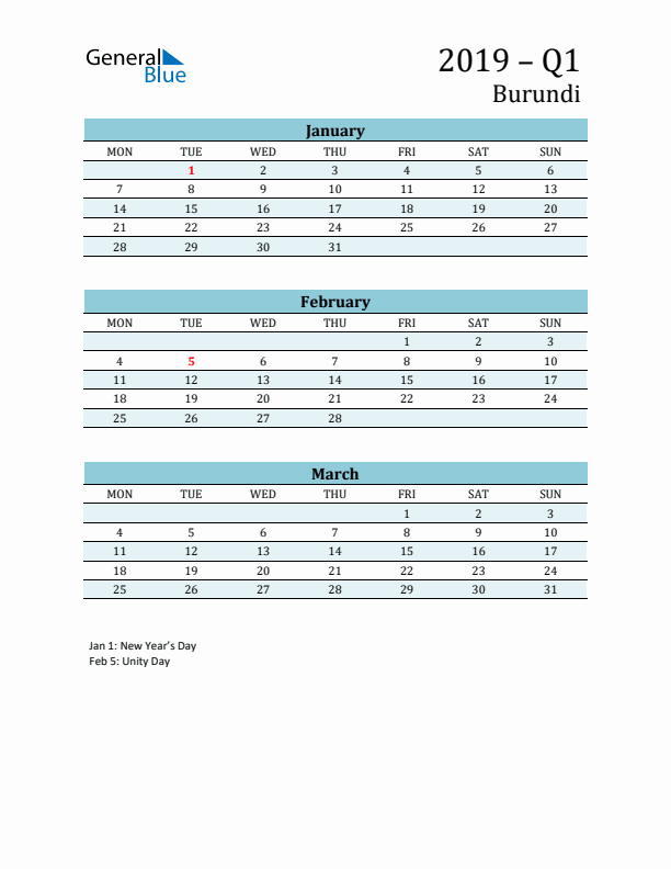 Three-Month Planner for Q1 2019 with Holidays - Burundi