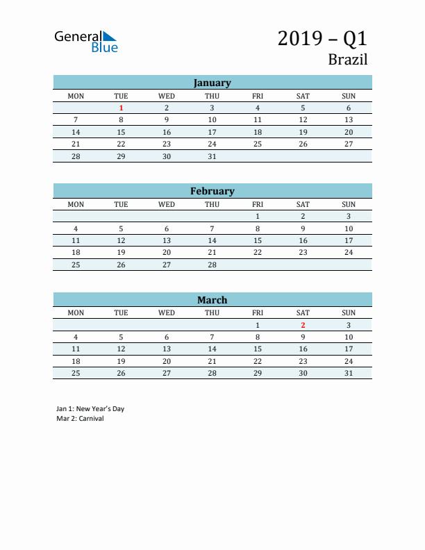 Three-Month Planner for Q1 2019 with Holidays - Brazil