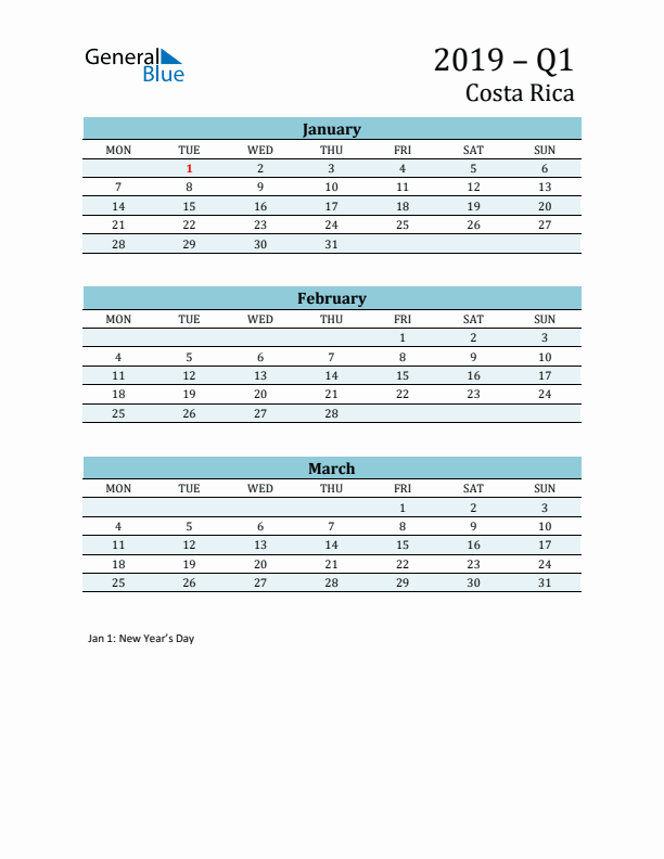 Three-Month Planner for Q1 2019 with Holidays - Costa Rica