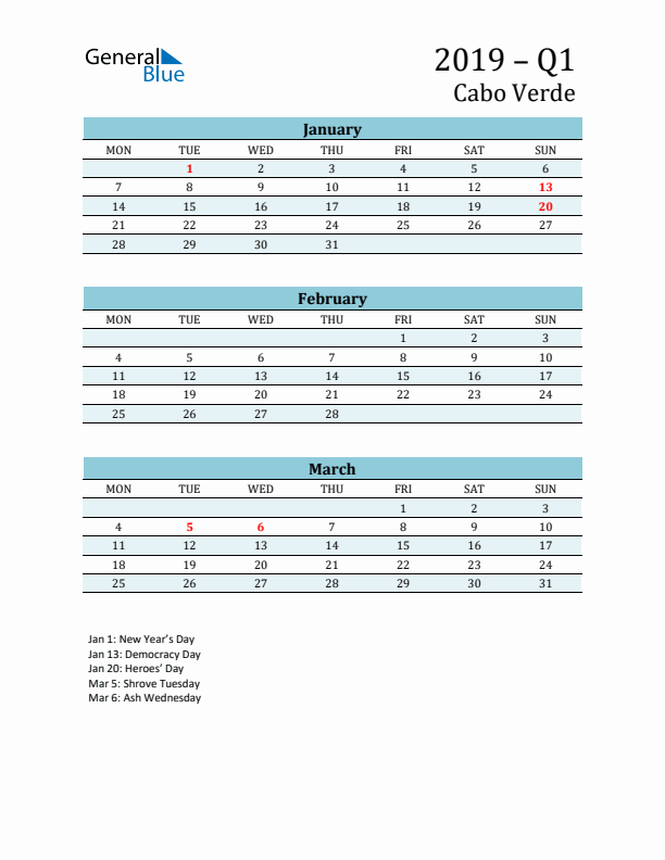 Three-Month Planner for Q1 2019 with Holidays - Cabo Verde